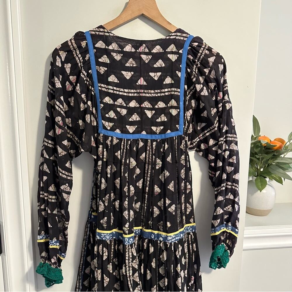 Warm NY Black Ikat Colorful Block Printed Long Sleeve Maxi Dress Small - Picture 7 of 14